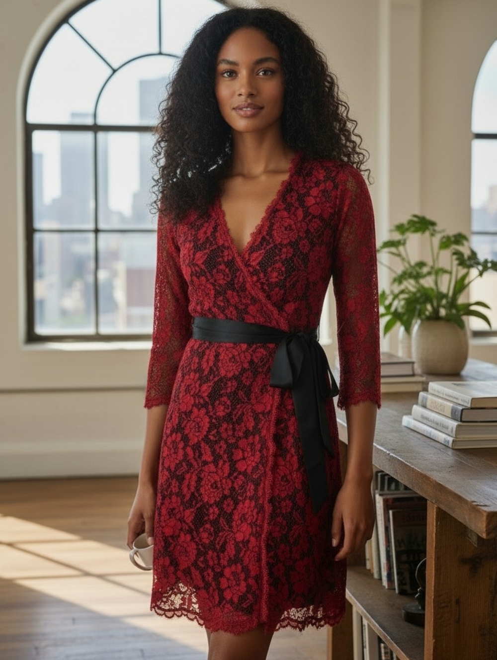 Diane Von Furstenberg DVF Lace Wrap Dress Size 12 Red Black Floral